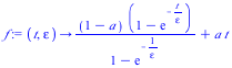 `:=`(f, proc (t, epsilon) options operator, arrow; `+`(`/`(`*`(`+`(1, `-`(a)), `*`(`+`(1, `-`(exp(`+`(`-`(`/`(`*`(t), `*`(epsilon))))))))), `*`(`+`(1, `-`(exp(`+`(`-`(`/`(1, `*`(epsilon))))))))), `*`(...